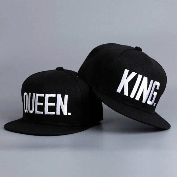 Lot of 2 KING. & Queen. Snapback Hat Flat Brim Baseball Cap Black, White Letters - Picture 1 of 4
